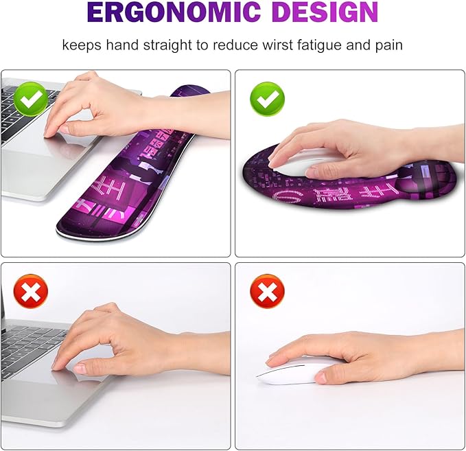 Gaming Mouse Pad, Large Desk Mat, Cute Desk Pad, 4in1 XXL Mousepad + Keyboard Wrist Rest+Mouse Wrist Rest+Coaster Set with Ergonomic Desk Pad for Home Office Table Computer, Purple Anime Neon