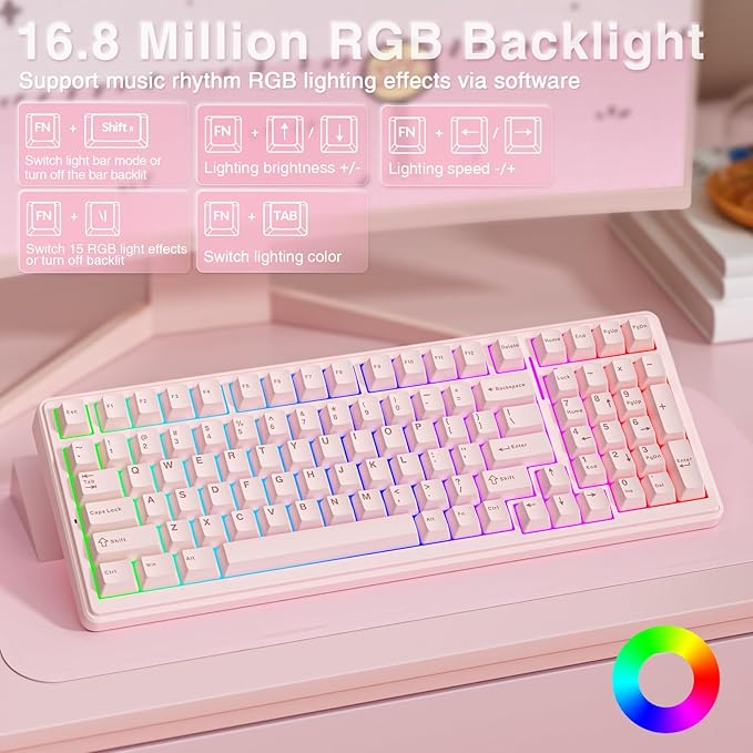 AULA F99 Wireless Mechanical Keyboard-Silent Version,Tri-Mode(BT5.0/2.4GHz/USB-C),Gasket Structure,Hot Swappable Mechanical Keyboard with Pre-lubed Linear Switches,RGB Backlit PC Gaming Keyboards,Pink