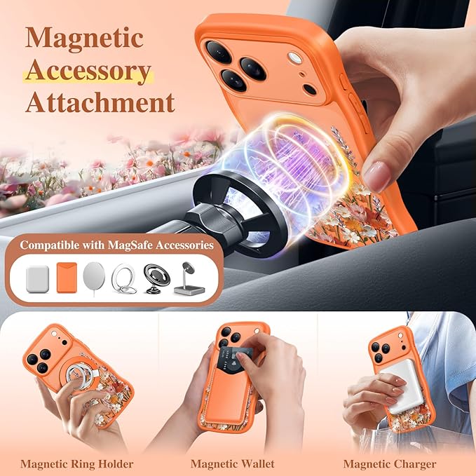 GVIEWIN for iPhone 17 Pro Max Case Compatible with MagSafe [Curly Wave Edge][Full Camera Protection] Floral Translucent Shockproof Magnetic Women Phone Case for 17 Pro Max, Primrose/Orange