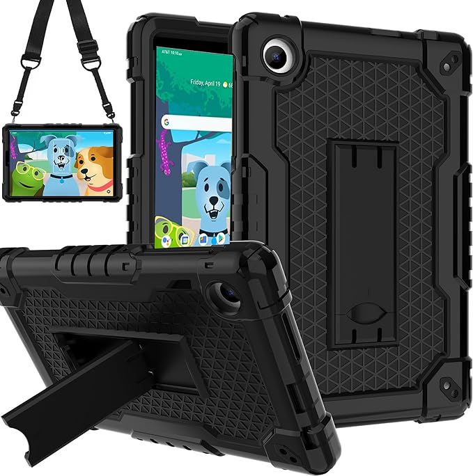 Case for for AT&T Amigo Jr. Tab 8 inch Tablet 9136K - with 2PCS Screen Protector,[Built-in Kickstand] Anti Slip Kids Friendly Shockproof Silicone Protective Cover (Black+2 PCS Glass)