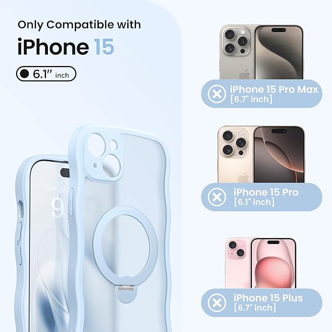 CAPRARO for iPhone 15 Case with 360° Spin Magnetic Stand for Women, [Compatible with MagSafe] [Full Camera Protection] Cute Wave Translucent Matte Case for iPhone 15, Sky Blue