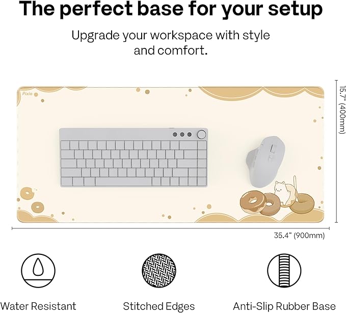 Pixio Mouse Pads - 36 x 16 inch XXL Cats & Donuts Beige Multifunctional Large Desk Mats for Gaming, Office, Desktop Anti-Slip Waterproof Washable Computer Mouse Mat