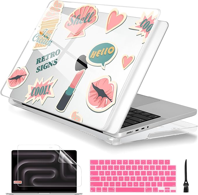 Batianda Case for New MacBook Pro 14 Inch M5 (2025 2026) & 2024 2023 Release [Model A3434 / A3112] - Ultra Slim 1.2mm Glossy Hard Shell Protective Skin Keyboard Cover 4-in-1 Bundle, Retro Stickers