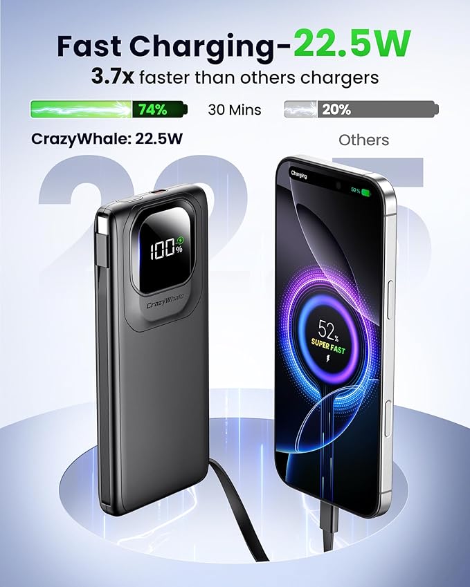 Portable Charger with Built-in Cables,22.5W Super Fast Charging Power Bank Slim Phone Charger,10000mAh Travel Battery Pack Battery Bank with Smart LED Display for iPhone, Android & USB-C