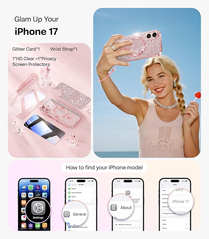 Meifigno Designed for iPhone 17 Case, [Glitter Card & Wrist Strap] [Compatible with MagSafe] [1HD+1X Privacy Screen Protectors] Surround Raised Lens Protection for iPhone 17 Case 6.3 Inch, Rose Gold
