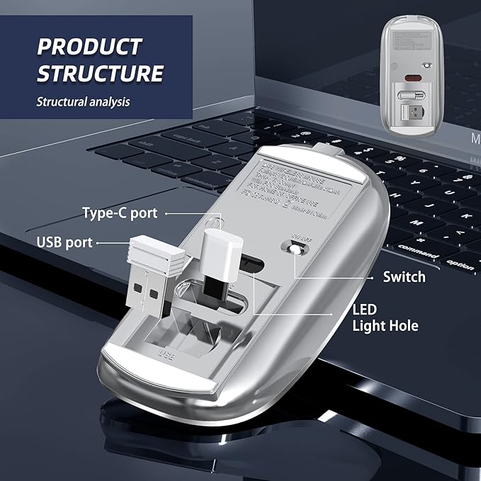 Halpilt Wireless Mouse Chargeable Portable Silent USB and Type-C Dual Mode Wireless Mouse 3 Adjustable DPI for Laptop, Mac, Android, PC (Q23S Black) (Grey)