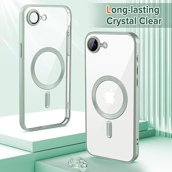 Hython Magnetic Clear for iPhone 17e Case with Camera Lens Protector [Compatible with MagSafe] Luxury Plating Edge Slim Soft TPU Cover Protective Phone Case for iPhone 17e 6.1", Matte Mint