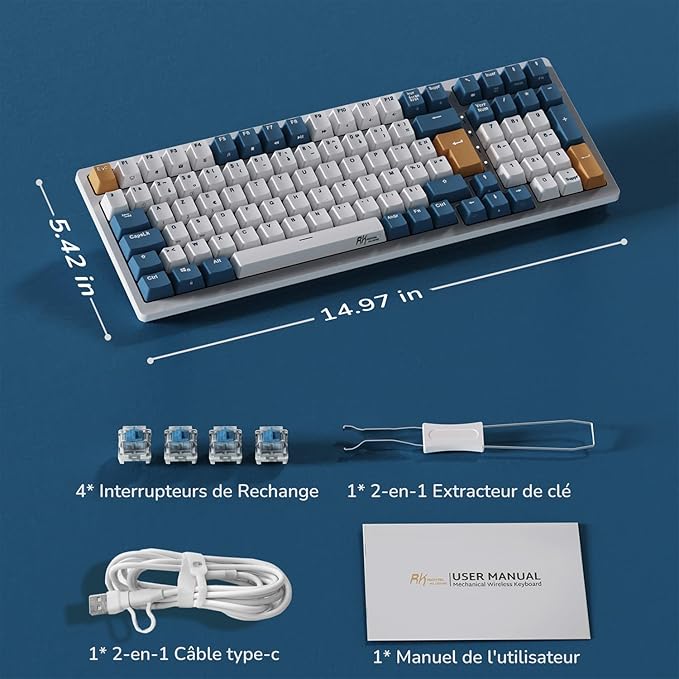 RK ROYAL KLUDGE RK98 Wireless Mechanical Keyboard, Triple Mode 2.4G/BT5.1/USB-C Hot Swappable Keyboard with Number Pad, Pre-lubed Clicky Switches RGB Backlit Gaming Keyboard, Software Support