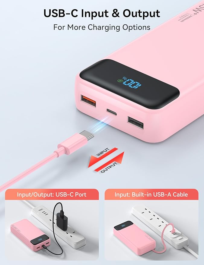 Portable Charger, 20000mAh 22.5W Fast Charging Power Bank with 4 Built-in Cables, Travel Essentials External Battery Pack with LED Display, 6 Outputs Charging Bank for iPhone, iPad, Samsung etc Pink
