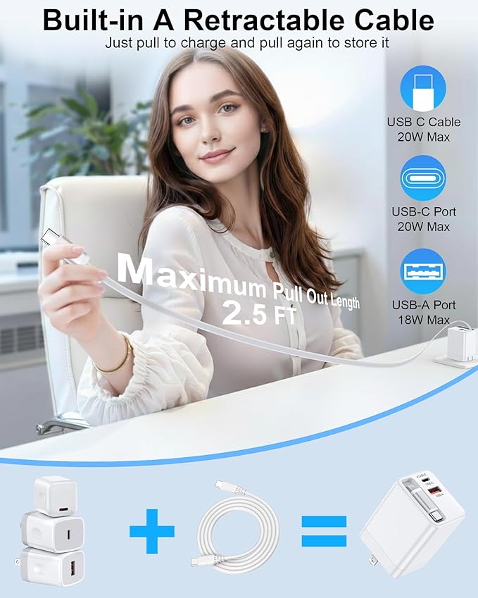 35w Retractable iPhone Wall Charger USB C, 3-in-1 Fast Charging Block with Built-in Retractable Cable, USB-C & USB-A Multi Ports, Foldable Plug Travel Ac Power Adapter for Apple 17e 17 Pro 16e 16 15