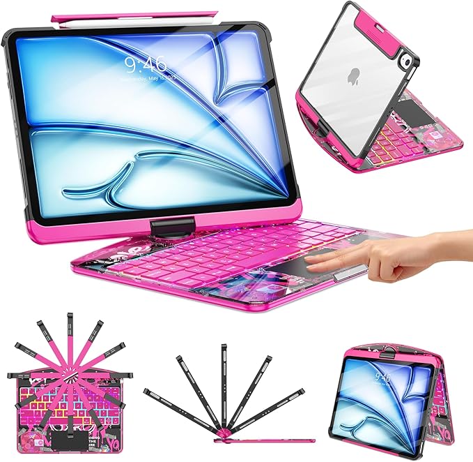 TSQQST Clear Keyboard Case for iPad Air 11 Inch (M4/M3/M2, 2026/2025/2024)/ iPad Air 5th/4th Generation 10.9" / iPad Pro 11" 1st/2nd/3rd/4th, Trackpad, Pencil Holder, 7-Color Backlit, Rotatable, Pink