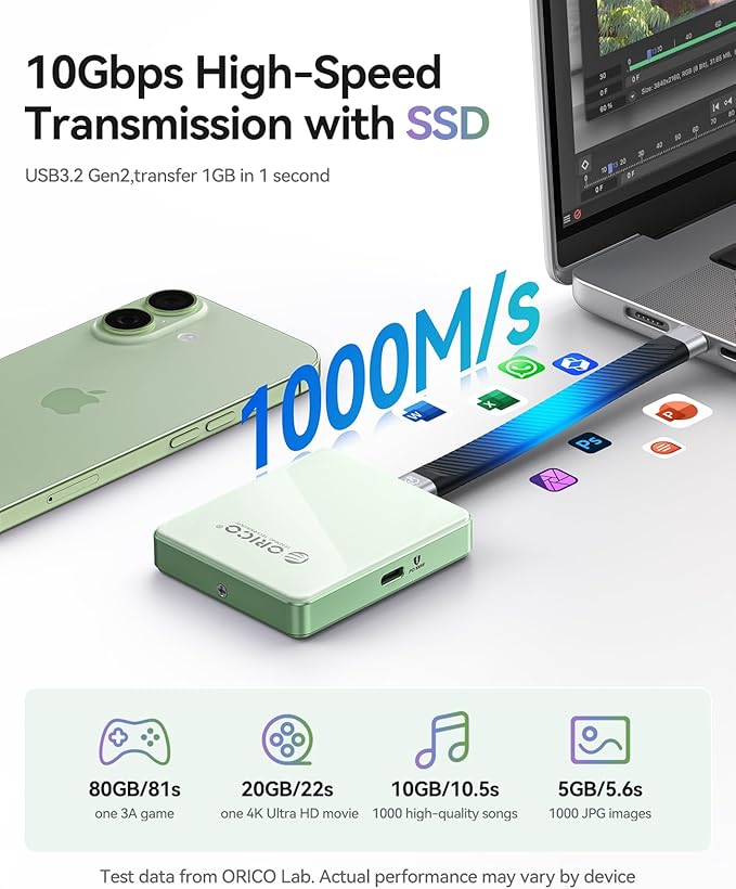 ORICO 10Gbps Magnetic M.2 NVMe SSD Enclosure with PD100W Charging Port 4K ProRes Recording Max 2TB for iPhone 17/16/15 Pro/Pro Max/Plus Support SSD Size 2230/2242 B+M M-Key Diskless AP42P (Blue)