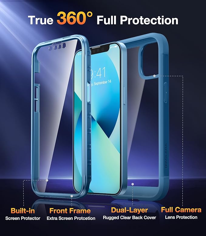 Diaclara Designed for iPhone 13 Case, Full Body Rugged with Built-in Touch Sensitive Anti-Scratch Screen Protector, Soft TPU Bumper Case for iPhone 13 6.1" (Blue and Clear)