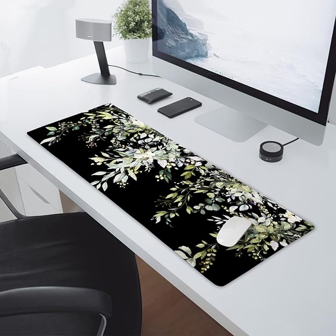 Sage Green Leaves Gaming Mouse Pad XL Spring Summer Floral Extended Large Desk Mat Black Big Mousepad Non-Slip Rubber Base Stitched Edge Long for Desktop Office Computer Gamer,31.5×11.8 in