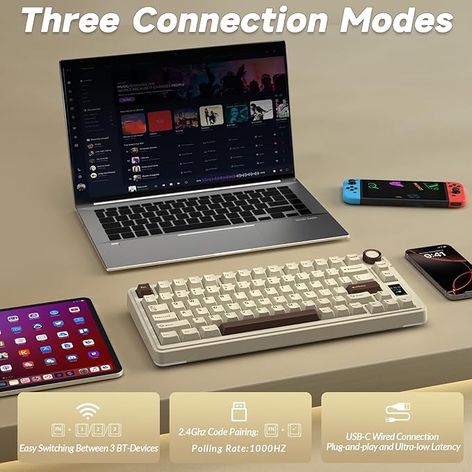 AULA S75 PRO Wireless Mechanical Keyboard with Screen&Knob, 75% Hot Swappable Gaming Keyboard with Pre-lubed Switches, RGB Backlit, PBT Keycaps, Creamy Sounding Computer Keyboards