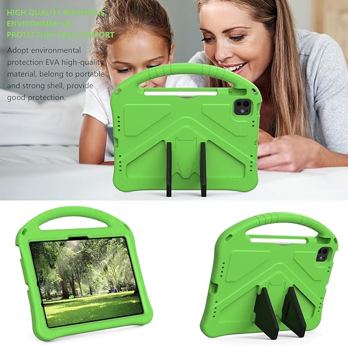 Kids Case for iPad Air 11 inch M4/M3/M2 (2026/2025/2024) with Pencil Holder/Shockproof Handle/Kickstand/Slim Lightweight Soft EVA Foam Folio Stand Tablet Protective Girls Boys Cover, Green
