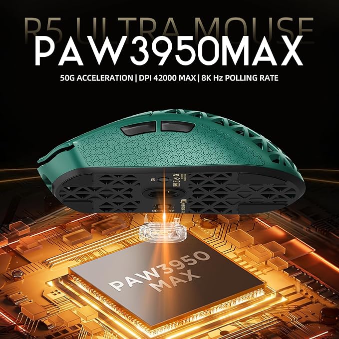 ATTACK SHARK R5 Ultra Wireless Gaming Mouse,Carbon Fiber Shell 39g Superlight,PAW3950MAX Nordic 52840 MCU 8K Polling 42K DPI Optical Sensor,BT/2.4G/USB-C Wired Mice with Coiled Cable-Green&Griptape