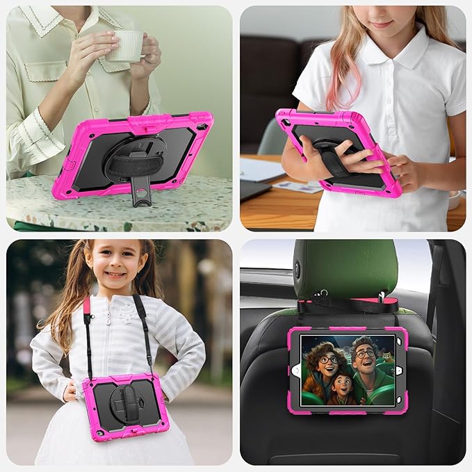 SEYMAC for iPad 9th/8th/7th Generation Case 10.2" 2021-2019, Full-Body Shockproof Heavy Duty Protective Case with Screen Protector, Rotating Stand/Handle/Shoulder Strap for iPad 10.2, Pink