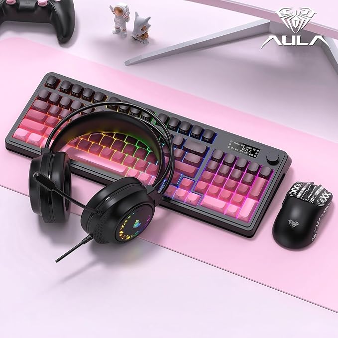 AULA S99 Pro Keyboard, Wireless Keyboards with Media Knob Custom RGB Backlit, 3-Modes BT/2.4G/USB-C Membrane Gaming Creamy Keyboard for Windows/MAC/PC Gamer - Black Pink