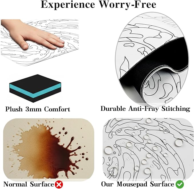 Gaming Mouse Pad L (31.5x11.8in) - Abstract White Line Art Waves, Japanese Doodle Style - Desk Mat, Water Resistant Surface