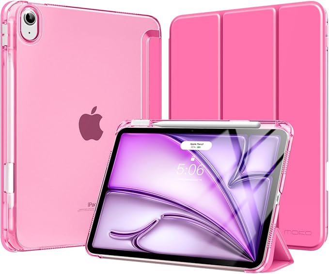 MoKo for iPad Air 11 inch Case (M4/M3/M2) 2026/2025/2024, iPad Air 5th/4th Gen 10.9 inch Case 2022/2020 with Pencil Holder, Slim Light Trifold Cover with Hard PC Translucent Back Shell, Persian Pink