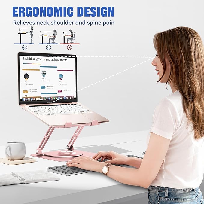 Laptop Stand for Desk, Adjustable Computer Stand with 360° Rotating Base, Ergonomic Laptop Riser for Collaborative Work, Foldable & Portable Laptop Stand, fits for All 10-16" Laptops (Rose Gold)
