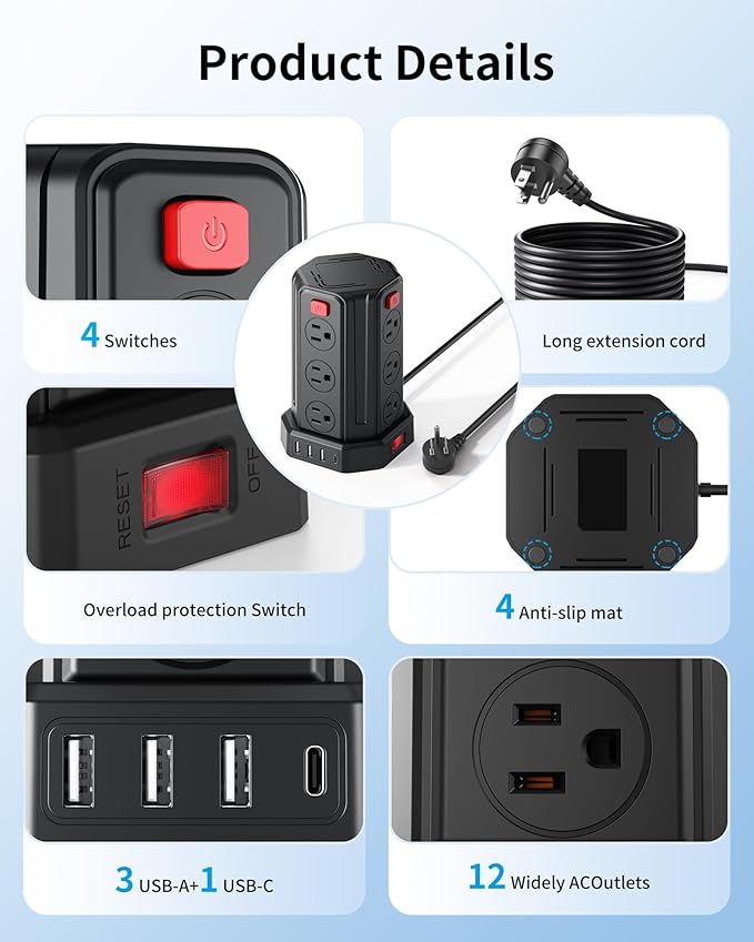 Power Strip Surge Protector Tower,Extension Cord with 12 AC Multiple Outlets 4 USB (1 USB C), SMALLRT Power Strip Tower Desktop Charging Station (Black, 6.5 FT-2PC)
