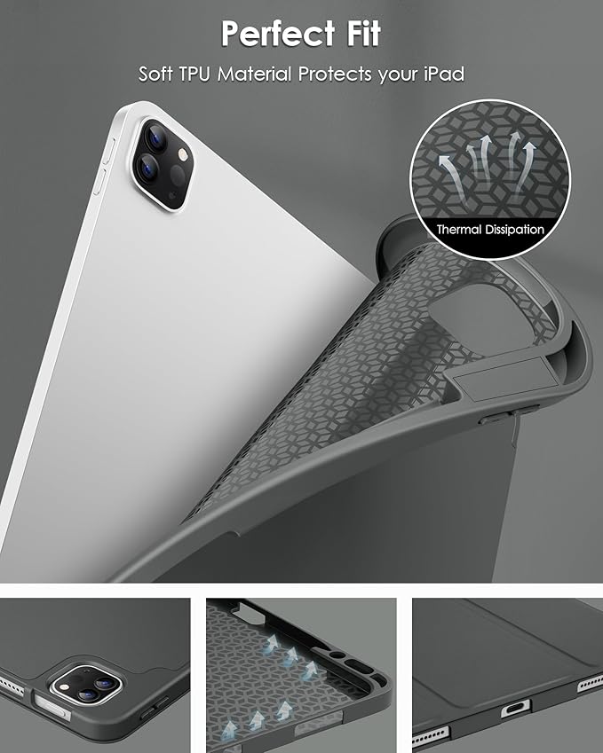 DTTO for iPad Air 13 Inch Case M4/M3/M2 2026/2025/2024, iPad Pro 12.9 Inch Case (6th/5th/4th/3rd Gen), Smart Slim Trifold Stand Soft Cover with Pencil Holder, Dark Gray