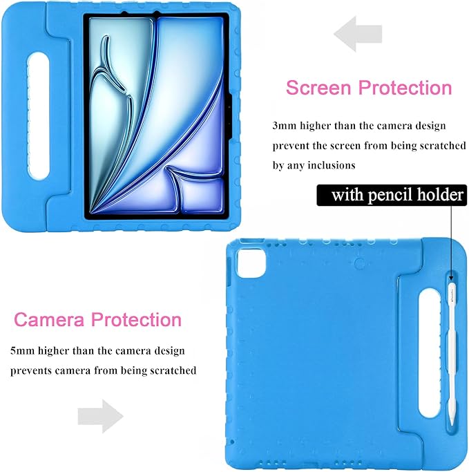 Kids Case for iPad Pro 11 inch M5/M4 (2025/2024) with Pencil Holder/Convertible Handle Stand Shockproof Slim Lightweight Cute Soft EVA Heavy Duty Rugged Kickstand Cover for Children, Blue
