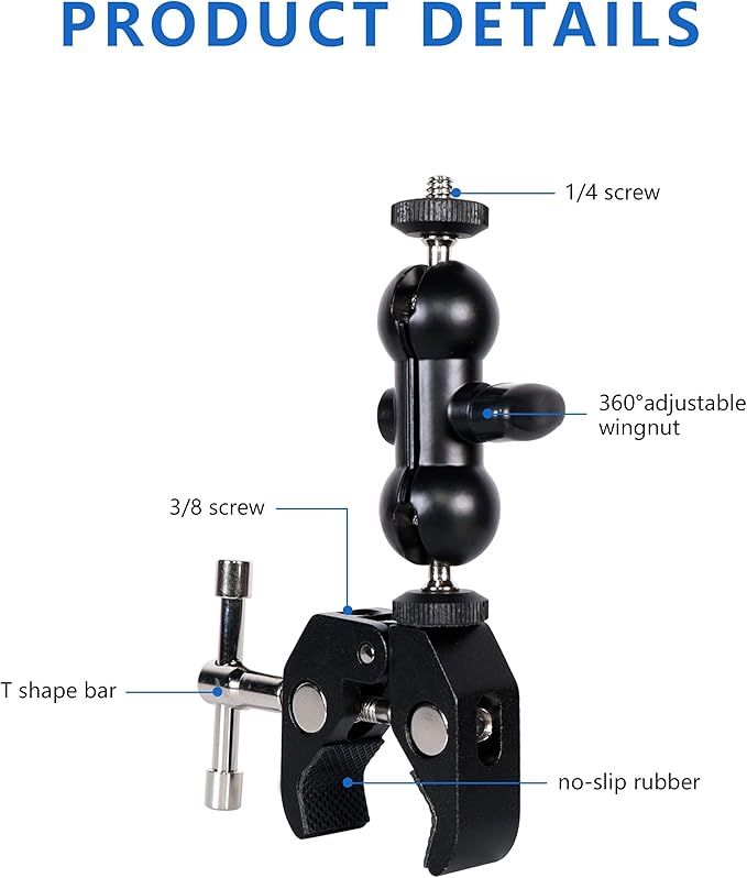 Cool Dual Ball head Magic Arm Adapter Camera Clamp Mount Super Clamp with 1/4 and 3/8 Thread, for DSLR Camera Rig, LED Light, Flash Light, Action Cam, 2Pack