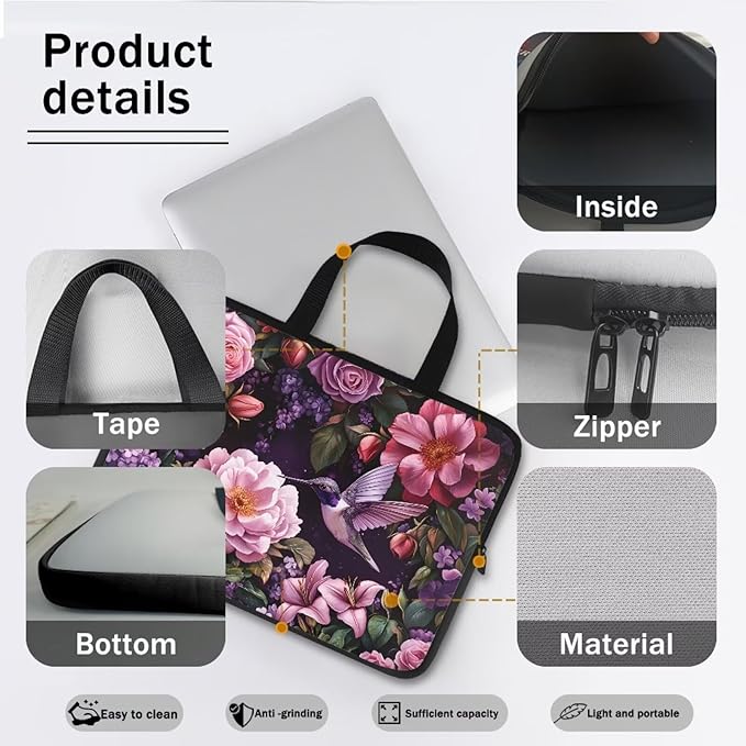Hummingbird Bright Floral 15 Inch Computer Sleeve Tablet Portable Carrying Sleeve Case Bag Waterproof Laptop Tote Bag Notebook Messenger Briefcase Tablet Handbag for School/Office