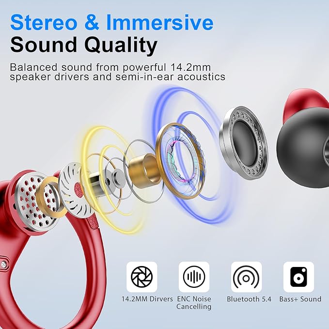 Wireless Earbuds Sport, Bluetooth 5.4 Headphones 2025 Bluetooth Earbuds with 75Hrs Stereo, 4 ENC Mic, Over-Ear Buds with Earhooks Noise Canceling Earphones , IP7 Waterproof Headset for Workout/Running