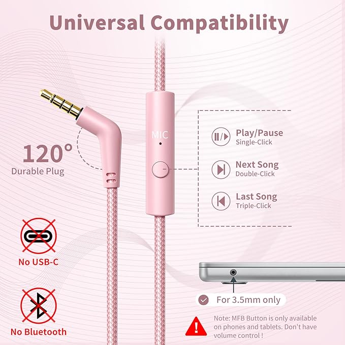 Botesty Sound Wired Headphones with Microphone, Over Ear 3.5mm Plug in Headphones with 4.9ft Tangle-Free Nylon Cord for Tablet, Laptop, MP3/4, School, Airplane Travel (Pink)