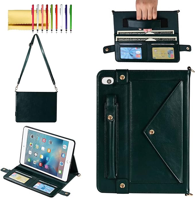Handbag Case for iPad mini 5th/4th/3th/2th/1st Generation, Techcircle Folio Stand PU Leather Crossbody iPad mini Cover with Hand Strap, Multiple Card Slots Envelope Pocket Wallet Case, Midnight Green