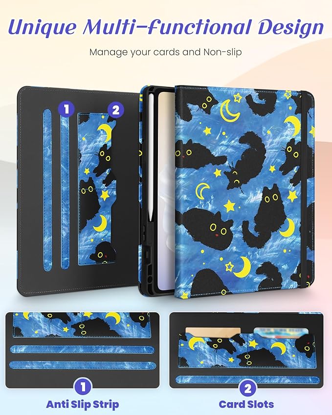 Kidcube for Samsung Galaxy Tab A9 Plus Case 11 Inch - for Women Girls Cute Rotating Stand Folio Cover with Pencil Holder & Card Slot Girly Cat Unique Design Blue Teen for Samsung A9 Plus Tablet Cases