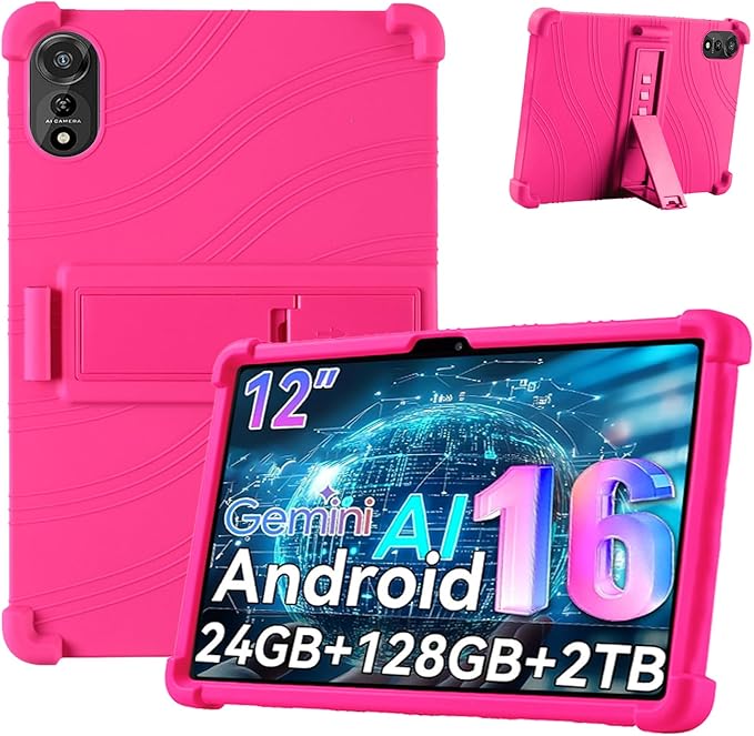 for Nexall N90 Tablet Case 12Inch, Shockproof Four Corner Airbag Protection,Soft Silicone Edge Cover with Built-in Stand,Heavy Duty Protective Sleeve for Nexall N90,Rose Red