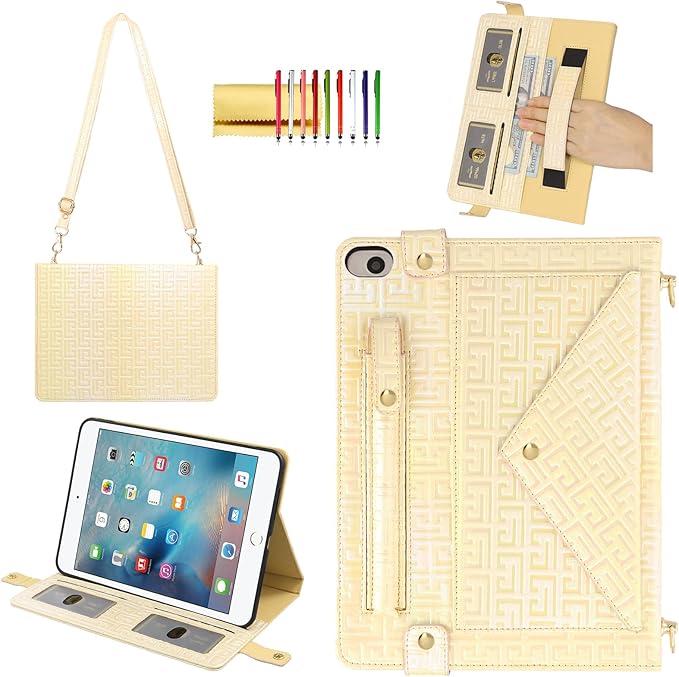 Shiny Case for iPad mini 5/4/3/2/1, Mini 7.9" Handbag Case, Techcircle Iridescent PU Leather Folio Envelope Pocket Stand Cover with Hand Strap+Shoulder Strap+Pencil Holder+Card Slots, Shiny Yellow