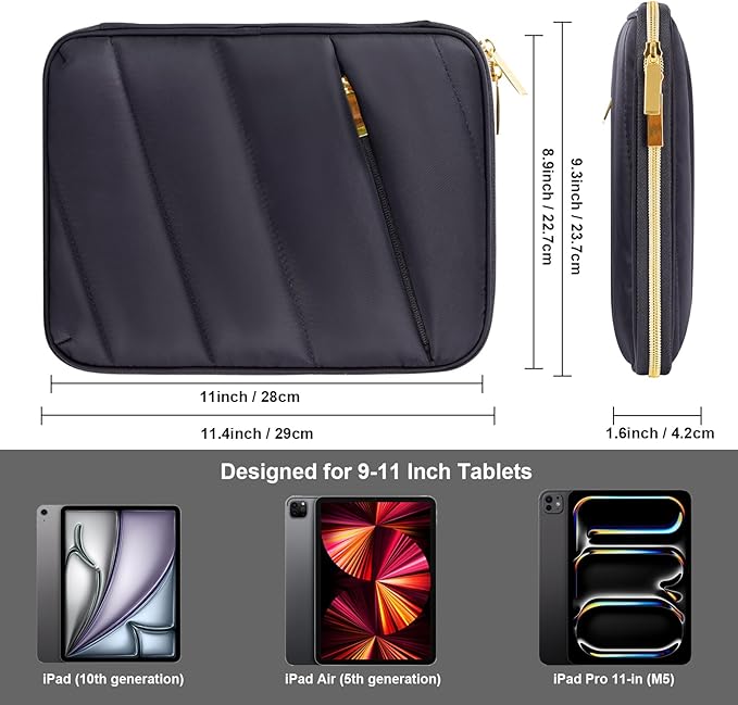 9-11 Inch Carrying Sleeve, Puffy Tablet Case Bag for iPad Pro 11-in (M5), iPad 10.9 (10th Gen), iPad Air 11-in (M2), Galaxy Tab S9/S8, Kindle scrible 2025 (Puffy Black, 9-11)