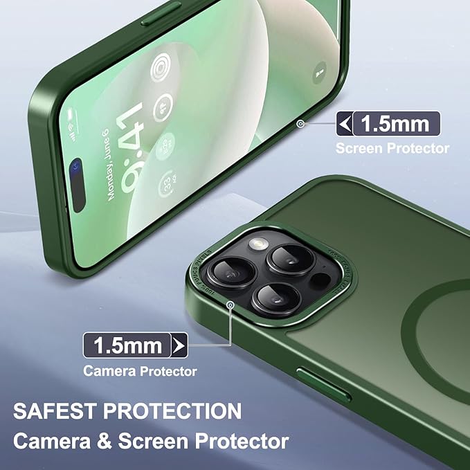 Newfuture Upgraded Magnetic for iPhone 15 Pro Max Case [Compatible with Magsafe] [Mil-Grade Protection], Pocket-Friendly, Slim Translucent Phone Case Cover for iPhone 15 Pro Max 6.7", Dark Green