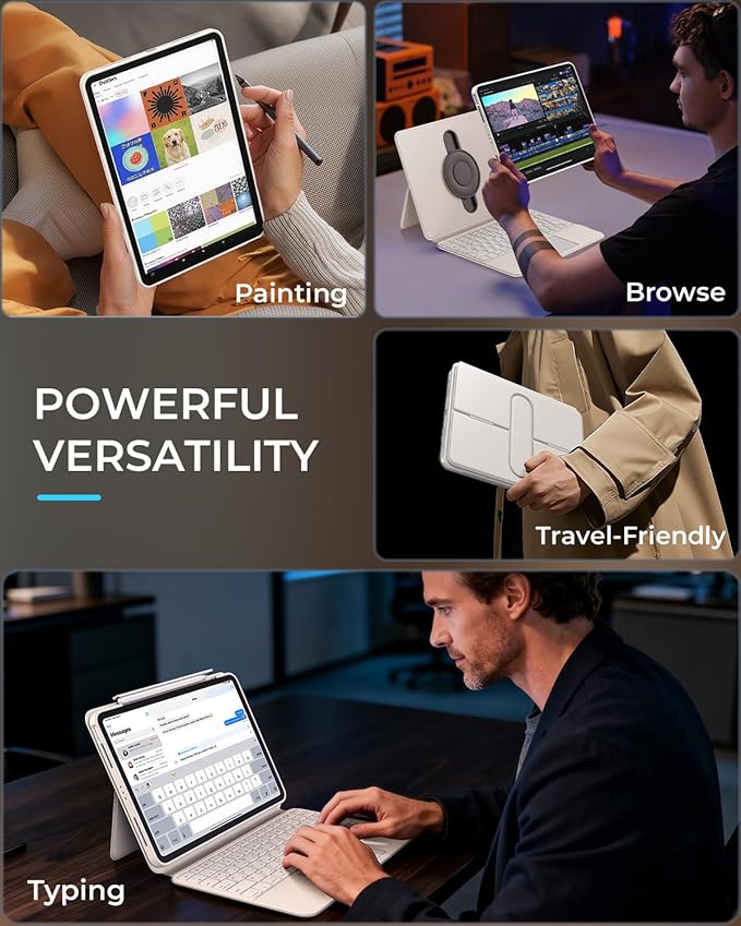 Keyboard Case for iPad Air 11" (M3/M2)& Pro 11" 4th 3rd 2nd 1st Gen, Clear Detachable Magnetic 360 Rotatable & Liftable Cover, 7-Color Backlit, Native Gesture Trackpad, 180 Kickstand, White