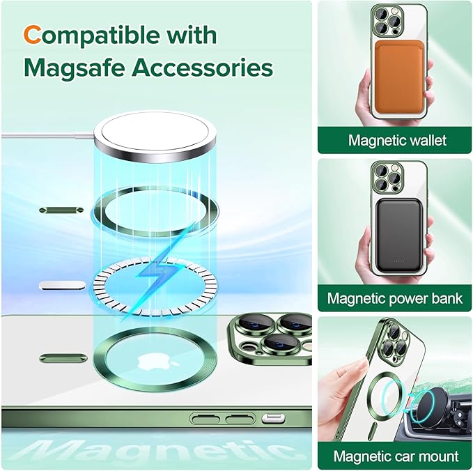 Hython Magnetic Clear for iPhone 13 Pro Case with Camera Lens Protector [Compatible with MagSafe] Luxury Plating Edge Slim Soft TPU Cover Protective Phone Case for iPhone 13 Pro 6.1", Deep Green