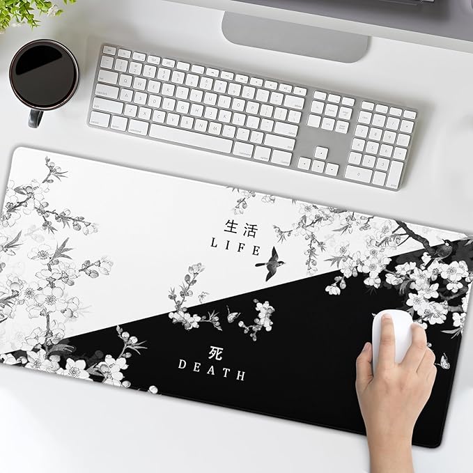 Black and White Cherry Blossom Gaming Mouse Pad XL，Large Mouse Pad Japanese Sakura Death Life Mouse Mat Desk Pad, Extended Stitched Non-Slip Rubber Edges Mousepad 31.5 X 11.8 Inch