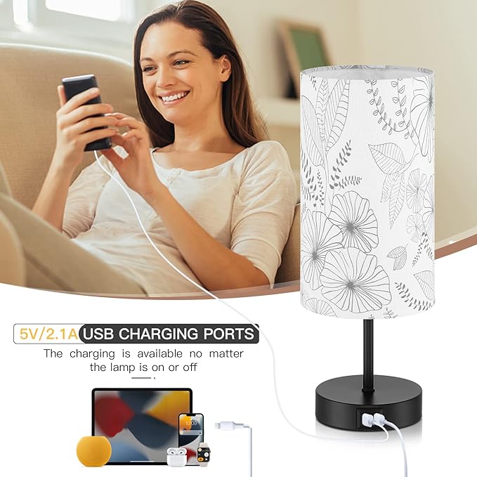 CINSARY Touch Control Bedside Lamp with 2 USB Ports, 3-Way Dimmable Table lamp for Bedroom, Nightstand Lamp with Round Flower Fabric Shade for Living Room Home Office (E26 LED Bulb Included)