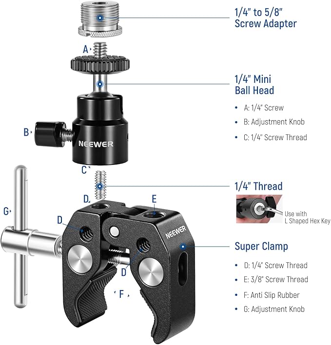 NEEWER Mini Articulated Ball Head with Crab Clip Mic Holder with 1/4" to 5/8" Thread, Compatible with SmallRig Camera Cage and Microphones, Support up to 3.3 lbs