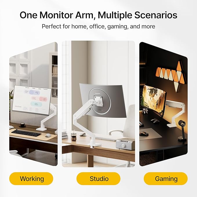 monTEK Single Monitor Arm for Max 45 Inch Ultrawide Screens Adjustable Monitor Desk Mount Holds 35 Lbs Cable Management with C Clamp/Grommet Desk Mount, VESA 75/100mm