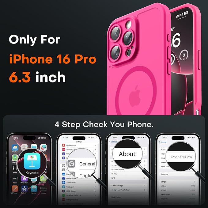 TOCOL for Phone 16 Pro Case, Compatible with Magsafe Charger, Full Camera Protection, Drop Protection, Translucent Matte Phone Case for iPhone 16 Pro 6.3 inch (Hot Pink)