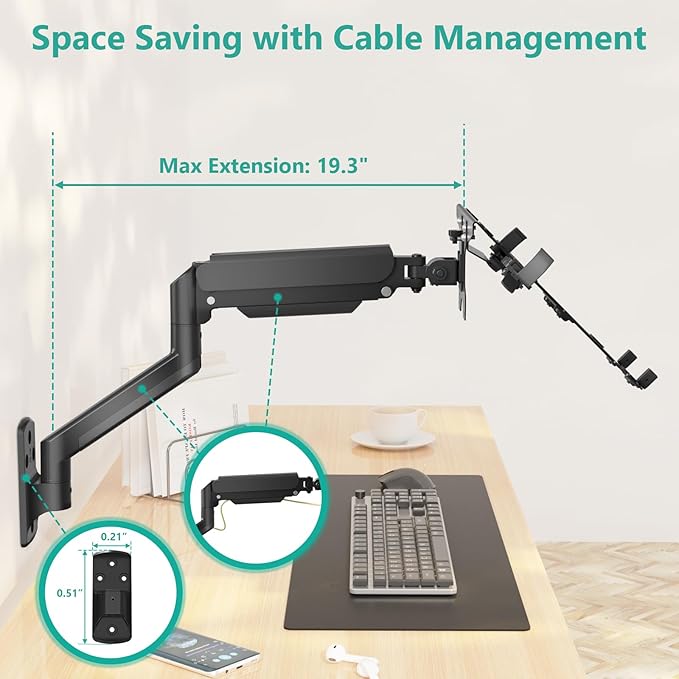 WALI Laptop Wall Mount, Single Monitor Arm for 17" Notebook and Up to 32" Screen, Full Motion Adjustable Monitor Wall Mount with Laptop Tray, VESA 75x75/100x100, Up to 15.4-22 Lbs (GSWM001LP), Black