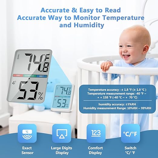 Digital Thermometer Hygrometer, Large LCD Screen Room Thermometer Temperature, Wall Thermometer Humidity Indoor with High Accuracy, Suitable for Greenhouse, Home and Office Measuring Devices