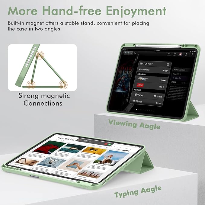 ZryXal New iPad Air 13 Inch Case M3 2025/M2 2024 with Pencil Holder, Trifold Stand Smart Case with Soft TPU Back,Auto Wake/Sleep(New Matcha Green)