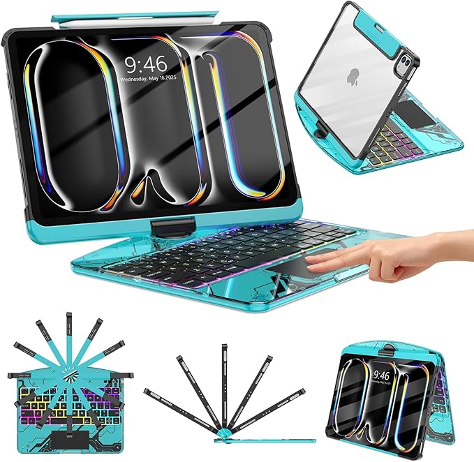 TSQQST Clear Wireless Keyboard Case for iPad Pro 11 Inch (M5/M4) 2025/2024 with Pencil Holder & Multi-Touch Trackpad, Visible PCB, 3-Brightness & 7-Color Backlight, 360° Rotating Stand, Blue